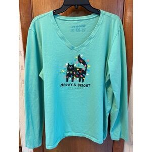 Life Is Good Women's Aqua Meow & Bright Long Sleeve Tee
